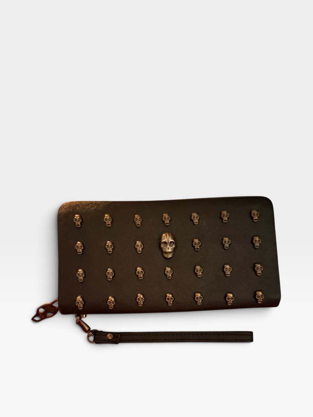 Thomas Wylde Gothic Metal Skull Studded Black Vegan Leather Wristlet Zip Wallet